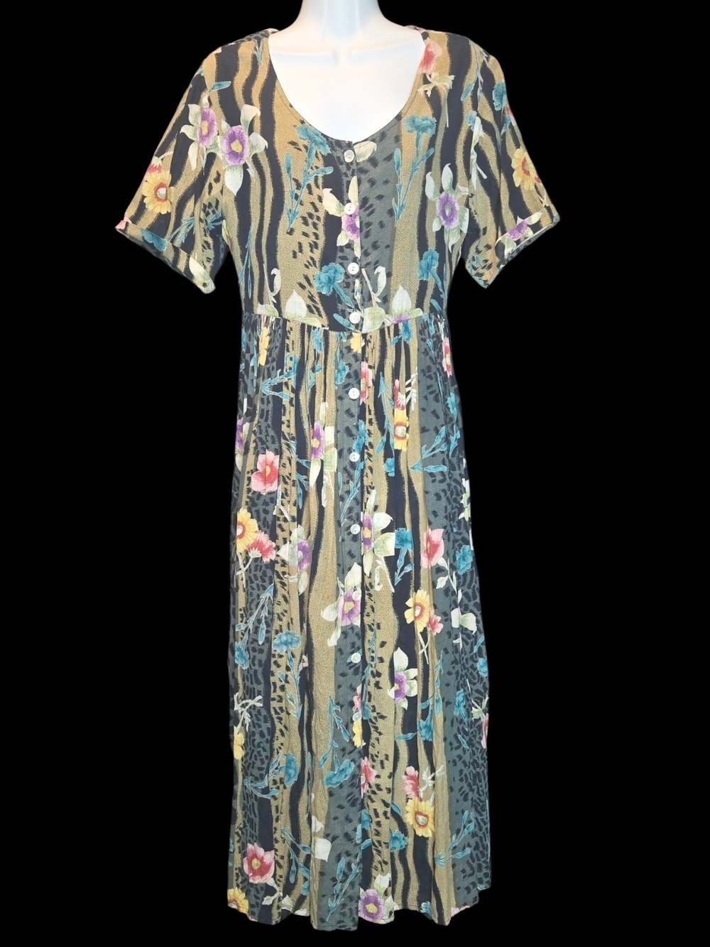 Vintage La Cera Button-Front Floral Maxi Dress in Teal and Khaki
